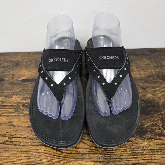 Skechers Tone Ups Sandals Womens 9 Thong Black Toe Post Casual Studded 37556 - Picture 4 of 9